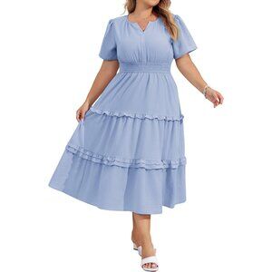 Women's Plus Size Summer Casual Dress V Neck Tiered Pockets Flowy